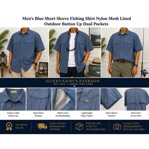 Fishing Shirt Men’s M-L Blue Short Sleeve Mesh Quick Dry Button Down Nylon Mesh